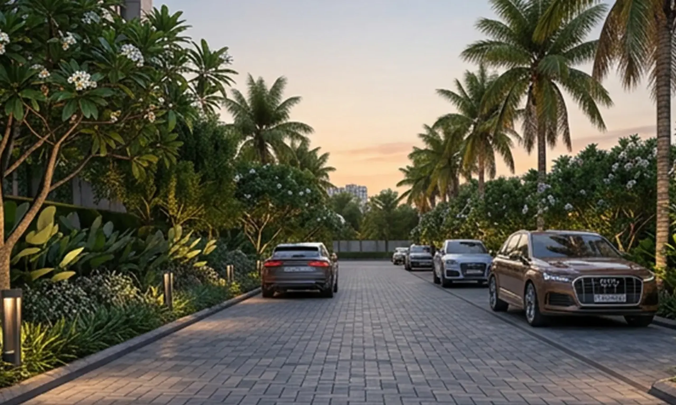 Township Landscaped Areas — Palm-lined entrance driveway at Blue Ridge Hinjewadi